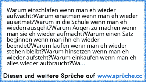 Warum einschlafen wenn man eh wieder aufwacht?
Warum einatmen wenn man eh wieder ausatmet?
Warum in die Schule wenn man eh wieder
rausgeht?
Warum Augen zu machen wenn man sie eh wieder aufmacht?
Warum einen Satz beginnen wenn man ihn eh wieder beendet?
Warum laufen wenn man eh wieder stehen bleibt?
Warum hinsetzen wenn man eh wieder aufsteht?
Warum einkaufen wenn man eh alles wieder aufbraucht?...