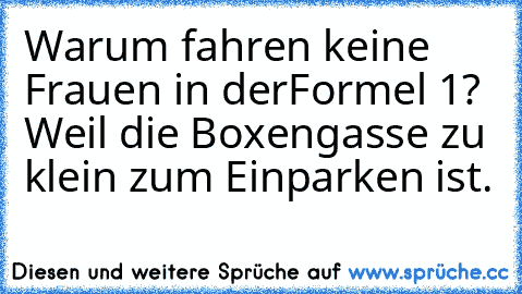 Warum fahren keine Frauen in der
Formel 1? Weil die Boxengasse zu klein zum Einparken ist.