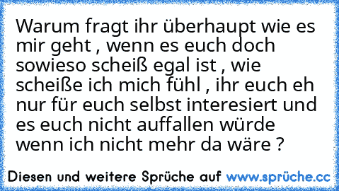 Warum fragt ihr überhaupt wie es mir geht , wenn es euch doch sowieso scheiß egal ist , wie scheiße ich mich fühl , ihr euch eh nur für euch selbst interesiert und es euch nicht auffallen würde wenn ich nicht mehr da wäre ?