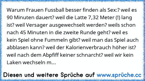 Warum Frauen Fussball besser finden als Sex:
? weil es 90 Minuten dauert
? weil die Latte 7,32 Meter (!) lang ist
? weil Versager ausgewechselt werden
? weils schon nach 45 Minuten in die zweite Runde geht
? weil es kein Spiel ohne Fummeln gibt
? weil man das Spiel auch abblasen kann
? weil der Kalorienverbrauch höher ist
? weil nach dem Abpfiff keiner schnarcht
? weil wir kein Laken wechseln m...