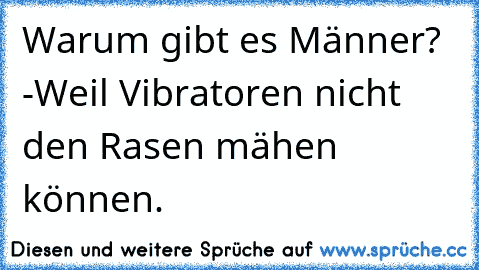 Warum gibt es Männer?
 -Weil Vibratoren nicht den Rasen mähen können.