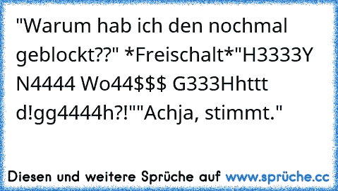 "Warum hab ich den nochmal geblockt??" *Freischalt*
"H3333Y N4444 Wo44$$$ G333Hhttt d!gg4444h?!"
"Achja, stimmt."