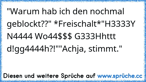 "Warum hab ich den nochmal geblockt??" *Freischalt*
"H3333Y N4444 Wo44$$$ G333Hhttt d!gg4444h?!"
"Achja, stimmt."