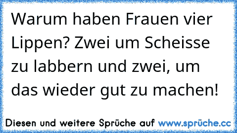 Warum haben Frauen vier Lippen? Zwei um Scheisse zu labbern und zwei, um das wieder gut zu machen!