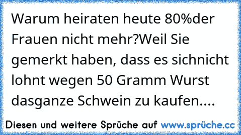 Warum heiraten heute 80%
der Frauen nicht mehr?
Weil Sie gemerkt haben, dass es sich
nicht lohnt wegen 50 Gramm Wurst das
ganze Schwein zu kaufen....