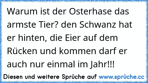 Warum ist der Osterhase das armste Tier? den Schwanz hat er hinten, die Eier auf dem Rücken und kommen darf er auch nur einmal im Jahr!!!