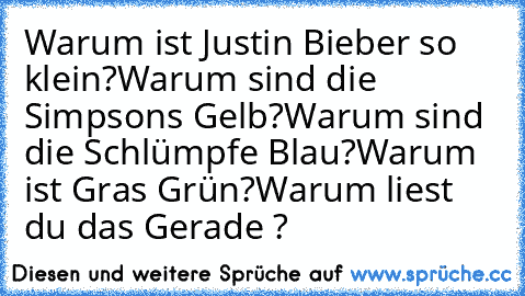 Warum ist Justin Bieber so klein?
Warum sind die Simpsons Gelb?
Warum sind die Schlümpfe Blau?
Warum ist Gras Grün?
Warum liest du das Gerade ?