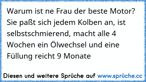 Warum ist ne Frau der beste Motor? Sie paßt sich jedem Kolben an, ist selbstschmierend, macht alle 4 Wochen ein Ölwechsel und eine Füllung reicht 9 Monate