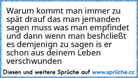 Warum kommt man immer zu spät drauf das man jemanden sagen muss was man empfindet und dann wenn man beshcließt es demjenign zu sagen is er schon aus deinem Leben verschwunden