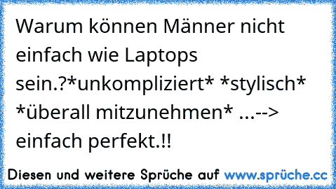 Warum können Männer nicht einfach wie Laptops sein.?
*unkompliziert* *stylisch* *überall mitzunehmen* ...
--> einfach perfekt.!!