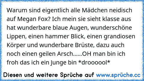 Warum sind eigentlich alle Mädchen neidisch auf Megan Fox? Ich mein sie sieht klasse aus hat wunderbare blaue Augen, wunderschöne Lippen, einen hammer Blick, einen grandiosen Körper und wunderbare Brüste, dazu auch noch einen geilen Arsch......OH man bin ich froh das ich ein Junge bin *droooool* ♥