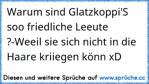 Warum sind Glatzkoppi'S soo friedliche Leeute ?
-Weeil sie sich nicht in die Haare kriiegen könn xD