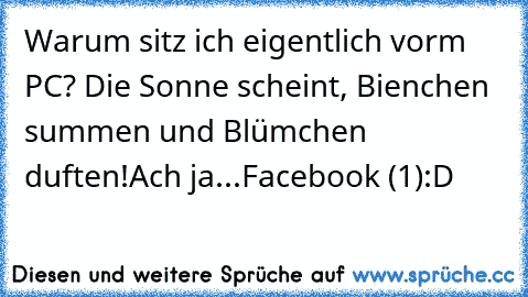 Warum sitz ich eigentlich vorm PC? Die Sonne scheint, Bienchen summen und Blümchen duften!
Ach ja...
Facebook (1)
:D