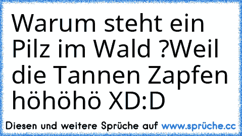 Warum steht ein Pilz im Wald ?
Weil die Tannen Zapfen höhöhö XD:D