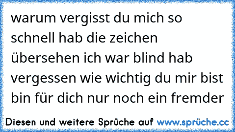 warum vergisst du mich so schnell hab die zeichen übersehen ich war blind hab vergessen wie wichtig du mir bist bin für dich nur noch ein fremder