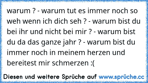 warum ? - warum tut es immer noch so weh wenn ich dich seh ? - warum bist du bei ihr und nicht bei mir ? - warum bist du da das ganze jahr ? - warum bist du immer noch in meinem herzen und bereitest mir schmerzen :(