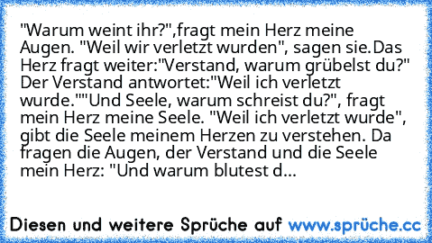 "Warum weint ihr?",fragt mein Herz meine Augen. "Weil wir verletzt wurden", sagen sie.
Das Herz fragt weiter:"Verstand, warum grübelst du?" Der Verstand antwortet:"Weil ich verletzt wurde.""Und Seele, warum schreist du?", fragt mein Herz meine Seele. "Weil ich verletzt wurde", gibt die Seele meinem Herzen zu verstehen. Da fragen die Augen, der Verstand und die Seele mein Herz: "Und warum blutes...