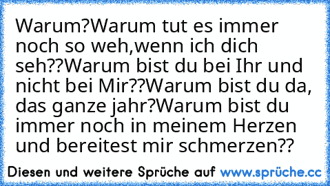 Warum?
Warum tut es immer noch so weh,wenn ich dich seh??
Warum bist du bei Ihr und nicht bei Mir??
Warum bist du da, das ganze jahr?
Warum bist du immer noch in meinem Herzen und bereitest mir schmerzen??