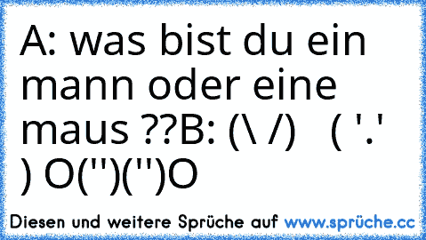 A: was bist du ein mann oder eine maus ??
B: (\ /)
   ( '.' )
 O('')('')O