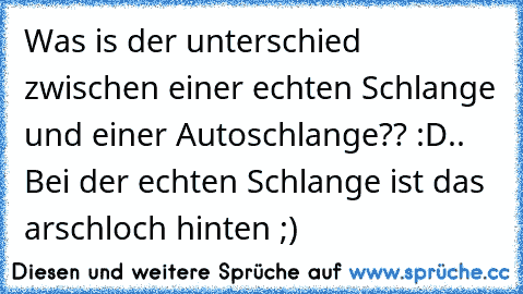 Was is der unterschied zwischen einer echten Schlange und einer Autoschlange?? :D
.. Bei der echten Schlange ist das arschloch hinten ;)