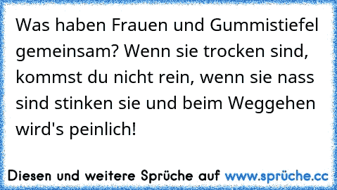 Was haben Frauen und Gummistiefel gemeinsam? Wenn sie trocken sind, kommst du nicht rein, wenn sie nass sind stinken sie und beim Weggehen wird's peinlich!