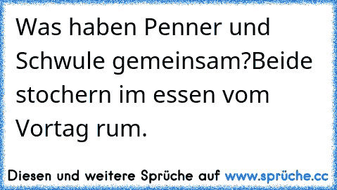 Was haben Penner und Schwule gemeinsam?
Beide stochern im essen vom Vortag rum.