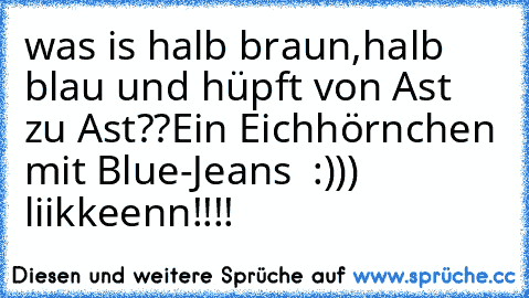 was is halb braun,halb blau und hüpft von Ast zu Ast??
Ein Eichhörnchen mit Blue-Jeans  :)))    
liikkeenn!!!! ♥