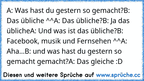 A: Was hast du gestern so gemacht?
B: Das übliche ^^
A: Das übliche?
B: Ja das übliche
A: Und was ist das übliche?
B: Facebook, musik und Fernsehen ^^
A: Aha...
B: und was hast du gestern so gemacht gemacht?
A: Das gleiche :D