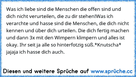 Was ich liebe sind die Menschen die offen sind und dich nicht verurteilen, die zu dir stehen!
Was ich verarchte und hasse sind die Menschen, die dich nicht kennen und über dich urteilen. Die dich fertig machen und dann 3x mit den Wimpern klimpern und alles ist okay. Ihr seit ja alle so hinterfotzig süß.
*Knutscha* jajaja ich hasse dich auch.