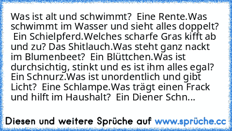 Was ist alt und schwimmt? – Eine Rente.
Was schwimmt im Wasser und sieht alles doppelt? – Ein Schielpferd.
Welches scharfe Gras kifft ab und zu? Das Shitlauch.
Was steht ganz nackt im Blumenbeet? – Ein Blüttchen.
Was ist durchsichtig, stinkt und es ist ihm alles egal? – Ein Schnurz.
Was ist unordentlich und gibt Licht? – Eine Schlampe.
Was trägt einen Frack und hilft im Haushalt? – Ein Diener S...