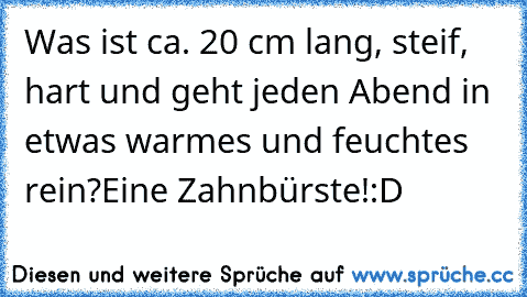 Was ist ca. 20 cm lang, steif, hart und geht jeden Abend in etwas warmes und feuchtes rein?
Eine Zahnbürste!
:D