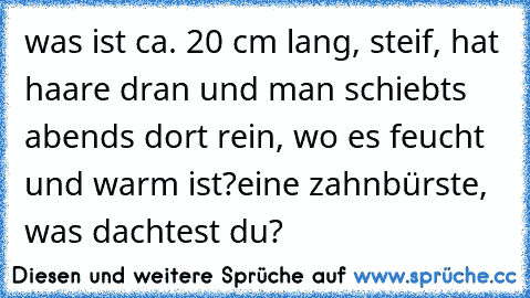 was ist ca. 20 cm lang, steif, hat haare dran und man schiebts abends dort rein, wo es feucht und warm ist?
eine zahnbürste, was dachtest du?