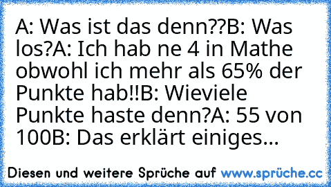 A: Was ist das denn??
B: Was los?
A: Ich hab ne 4 in Mathe obwohl ich mehr als 65% der Punkte hab!!
B: Wieviele Punkte haste denn?
A: 55 von 100
B: Das erklärt einiges...