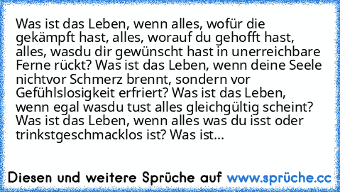 Was ist das Leben, wenn alles, wofür die gekämpft hast, alles, worauf du gehofft hast, alles, was
du dir gewünscht hast in unerreichbare Ferne rückt? Was ist das Leben, wenn deine Seele nicht
vor Schmerz brennt, sondern vor Gefühlslosigkeit erfriert? Was ist das Leben, wenn egal was
du tust alles gleichgültig scheint? Was ist das Leben, wenn alles was du isst oder trinkst
geschmacklos ist? Was ...