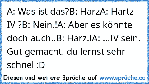 A: Was ist das?
B: Harz
A: Hartz IV ?
B: Nein.!
A: Aber es könnte doch auch..
B: Harz.!
A: ...IV sein. Gut gemacht. du lernst sehr schnell:D