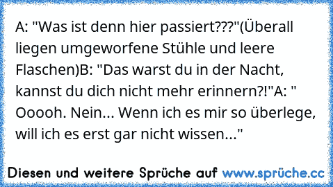 A: "Was ist denn hier passiert???"
(Überall liegen umgeworfene Stühle und leere Flaschen)
B: "Das warst du in der Nacht, kannst du dich nicht mehr erinnern?!"
A: " Ooooh. Nein... Wenn ich es mir so überlege, will ich es erst gar nicht wissen..."