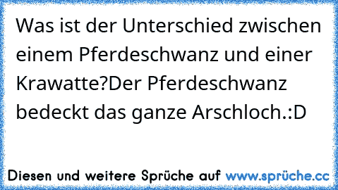 Was ist der Unterschied zwischen einem Pferdeschwanz und einer Krawatte?
Der Pferdeschwanz bedeckt das ganze Arschloch.:D