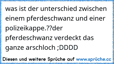 was ist der unterschied zwischen einem pferdeschwanz und einer polizeikappe.??
der pferdeschwanz verdeckt das ganze arschloch ;DDDD