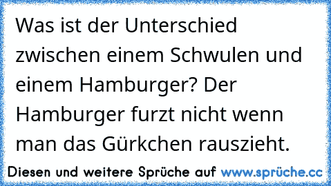 Was ist der Unterschied zwischen einem Schwulen und einem Hamburger? Der Hamburger furzt nicht wenn man das Gürkchen rauszieht.