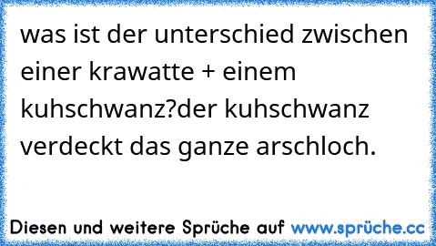 was ist der unterschied zwischen einer krawatte + einem kuhschwanz?
der kuhschwanz verdeckt das ganze arschloch.