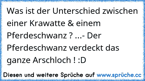 Was ist der Unterschied zwischen einer Krawatte & einem Pferdeschwanz ? ...
- Der Pferdeschwanz verdeckt das ganze Arschloch ! :D