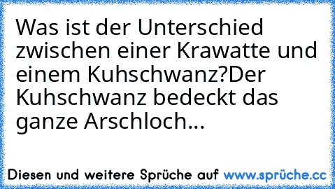 Was ist der Unterschied zwischen einer Krawatte und einem Kuhschwanz?
Der Kuhschwanz bedeckt das ganze Arschloch...