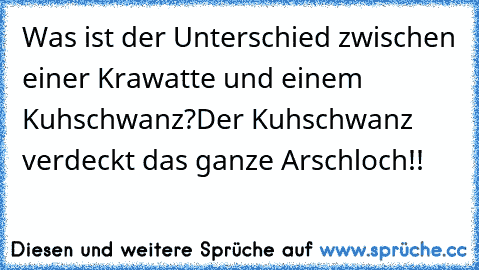 Was ist der Unterschied zwischen einer Krawatte und einem Kuhschwanz?
Der Kuhschwanz verdeckt das ganze Arschloch!!