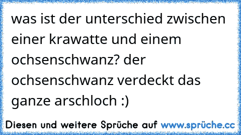 was ist der unterschied zwischen einer krawatte und einem ochsenschwanz? der ochsenschwanz verdeckt das ganze arschloch :)