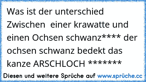 Was ist der unterschied Zwischen  einer krawatte und einen Ochsen schwanz**** der ochsen schwanz bedekt das kanze ARSCHLOCH *******