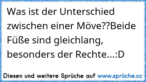 Was ist der Unterschied zwischen einer Möve??
Beide Füße sind gleichlang, besonders der Rechte...
:D