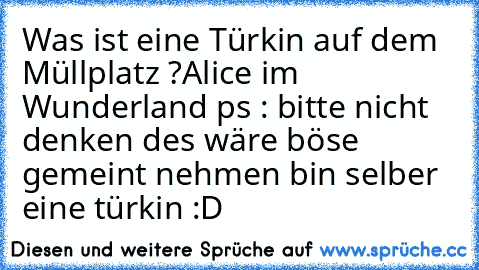 Was ist eine Türkin auf dem Müllplatz ?
Alice im Wunderland 
ps : bitte nicht denken des wäre böse gemeint nehmen bin selber eine türkin :D