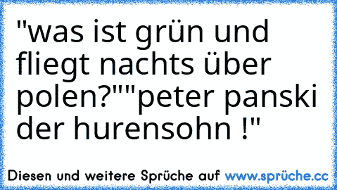 "was ist grün und fliegt nachts über polen?"
"peter panski der hurensohn !"