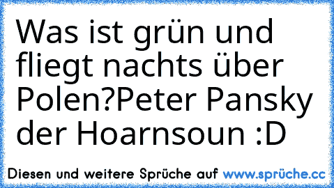 Was ist grün und fliegt nachts über Polen?
Peter Pansky der Hoarnsoun :D