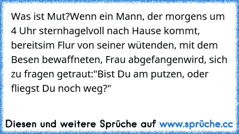 Was ist Mut?
Wenn ein Mann, der morgens um 4 Uhr sternhagelvoll nach Hause kommt, bereits
im Flur von seiner wütenden, mit dem Besen bewaffneten, Frau abgefangen
wird, sich zu fragen getraut:
"Bist Du am putzen, oder fliegst Du noch weg?"